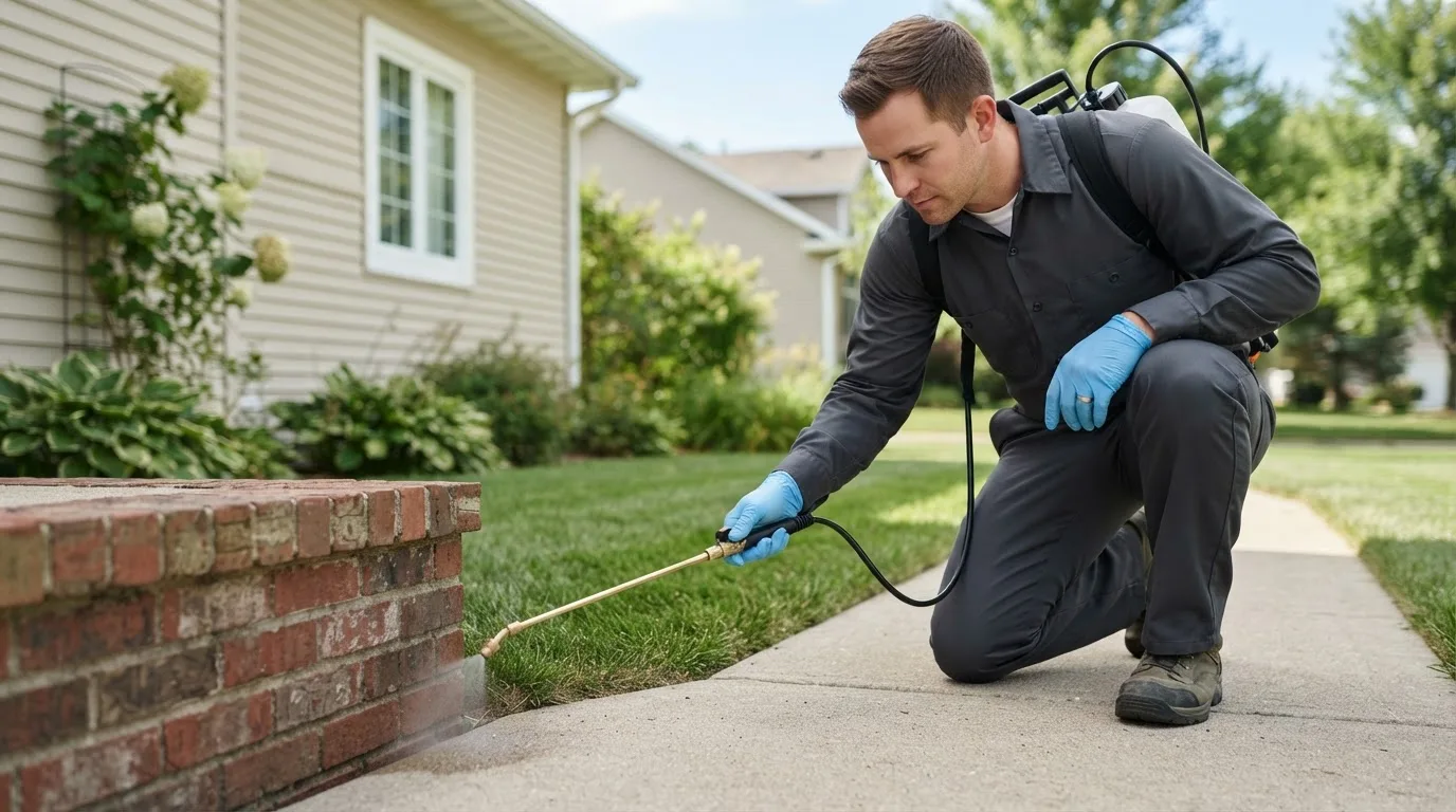 Pest control technician treating a home near West Hickory, PA